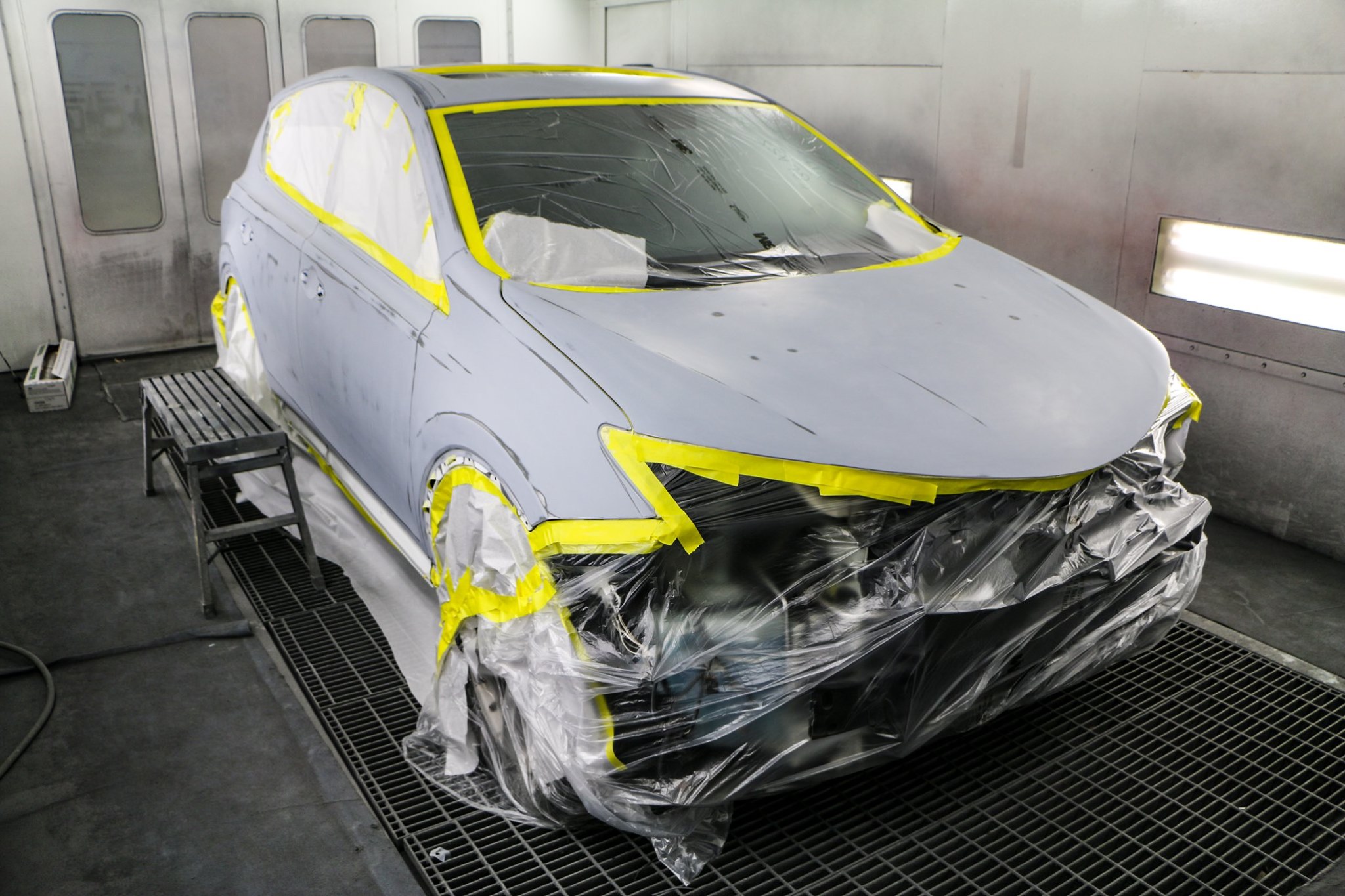 Car sanded, taped and ready for painting at Cool Springs Collision Center
